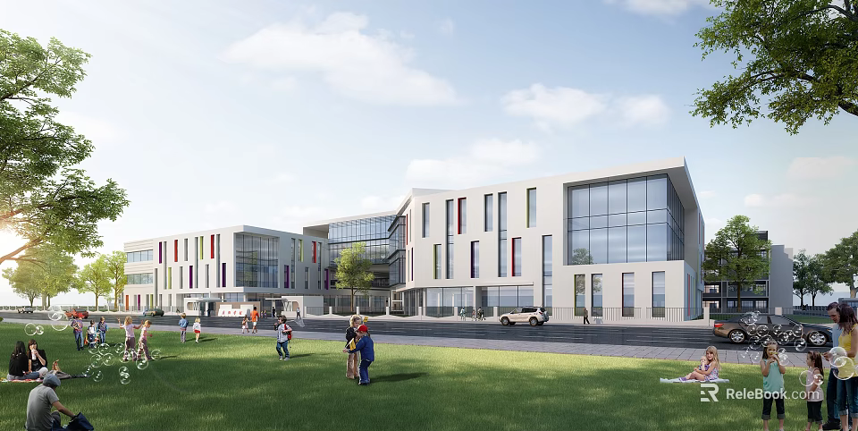 Modern School Building Exterior With Glass Windows Colorful Vertical Stripes Green Lawn And Students 3d model 