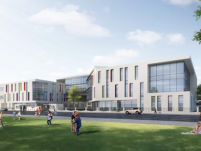 Modern School Building Exterior With Glass Windows Colorful Vertical Stripes Green Lawn And Students 3d model