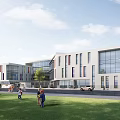 Modern School Building Exterior With Glass Windows Colorful Vertical Stripes Green Lawn And Students