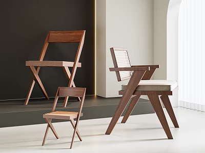 Modern Wooden Dining Chairs With Different Designs And Cross Legs In Minimalist Interior 3d model