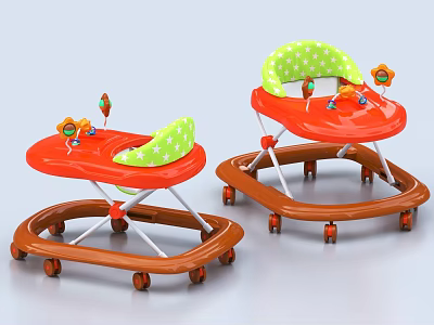 Red Orange Baby Walkers With Star Patterned Seats And Toys 3d model