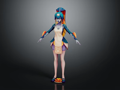 3D Fantasy Character Model With Blue Hair Headdress Light Top Yellow Skirt Arm Decorations And Orange Shoes 3d model