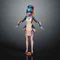 3D Fantasy Character Model With Blue Hair Headdress Light Top Yellow Skirt Arm Decorations And Orange Shoes