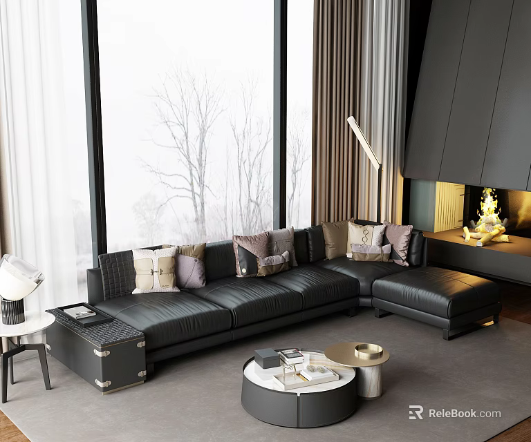 Black Leather Sectional Sofa With Decorative Pillows By Large Windows And Fireplace 3d model