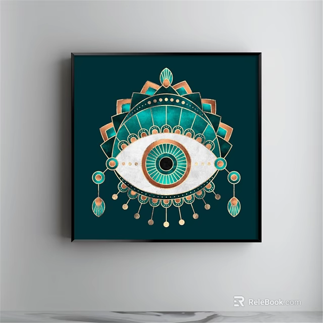 Decorative Eye Pattern Painting With Geometric Accents On Dark Green Background 3d model 