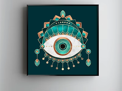 Decorative Eye Pattern Painting With Geometric Accents On Dark Green Background 3d model