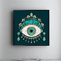 Decorative Eye Pattern Painting With Geometric Accents On Dark Green Background