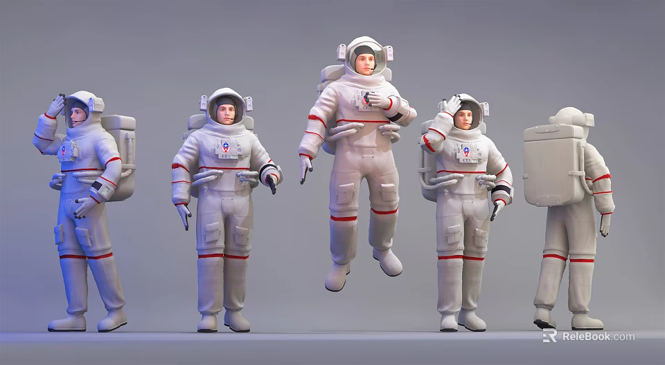 Men In White 3D Astronaut Suits Standing In Different Poses For 3d model 