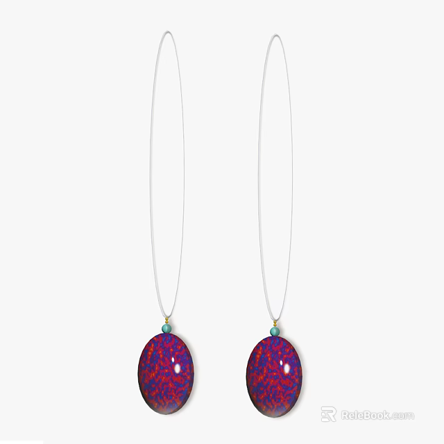 Elegant Purple Red Patterned Oval Shaped Pendant Earrings With White Chains And Small Blue Accents 3d model 