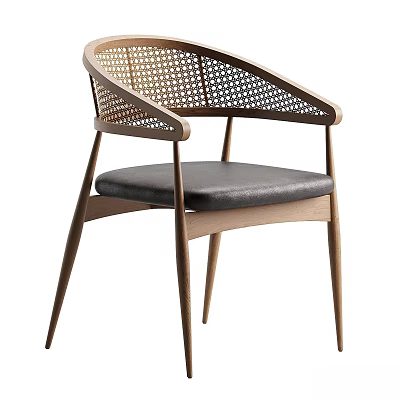 Modern Single Chair With Rattan Backrest Wooden Frame Padded Seat 3d model