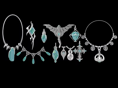 Silver And Turquoise Fashion Jewelry Collection With Necklaces Pendants And Earrings 3d model