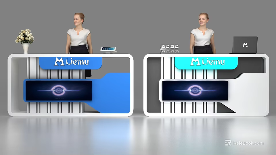 Modern Reception Desk Design With Digital Screen And Menu Sign 3d model 