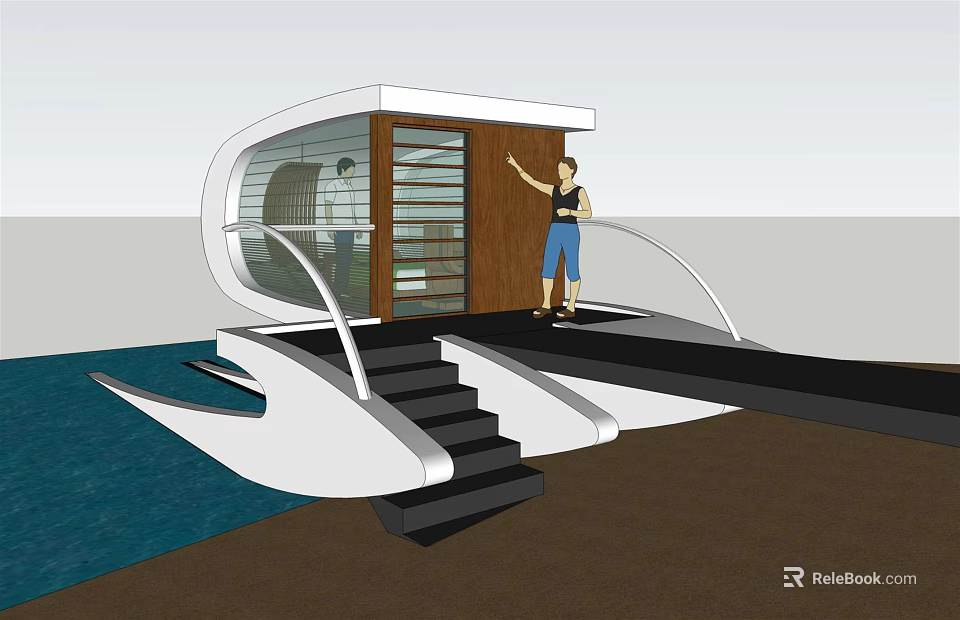 Modern Curved Waterfront Structure With Wooden Entrance Glass Elements Person Standing And Staircase 3d model 