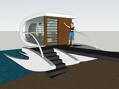 Modern Curved Waterfront Structure With Wooden Entrance Glass Elements Person Standing And Staircase 3d model