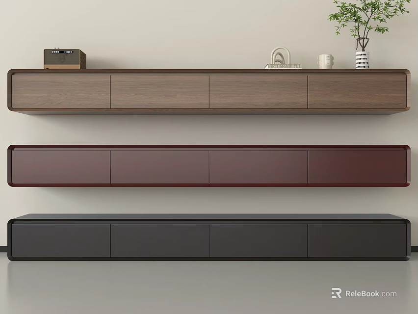 Floating TV Stand with Multi Colored Cabinets and Decorative Plants 3d model