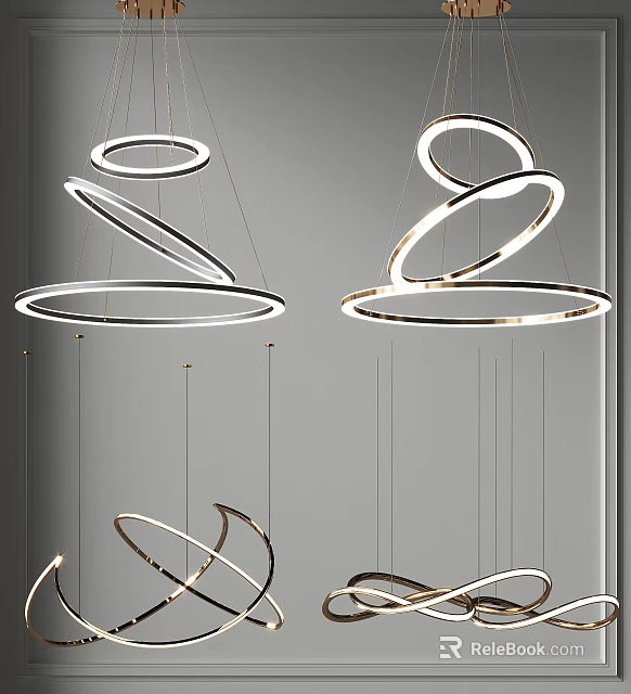 Modern Multiple Circular Ring Chandeliers with Illuminated Metallic Frames Hanging in Interior Space 3d model