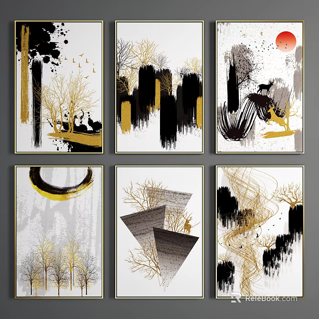 Modern Abstract Paintings With Black Gold Ink Lines Geometric Shapes And Natural Elements 3d model 