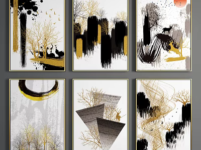 Modern Abstract Paintings With Black Gold Ink Lines Geometric Shapes And Natural Elements 3d model