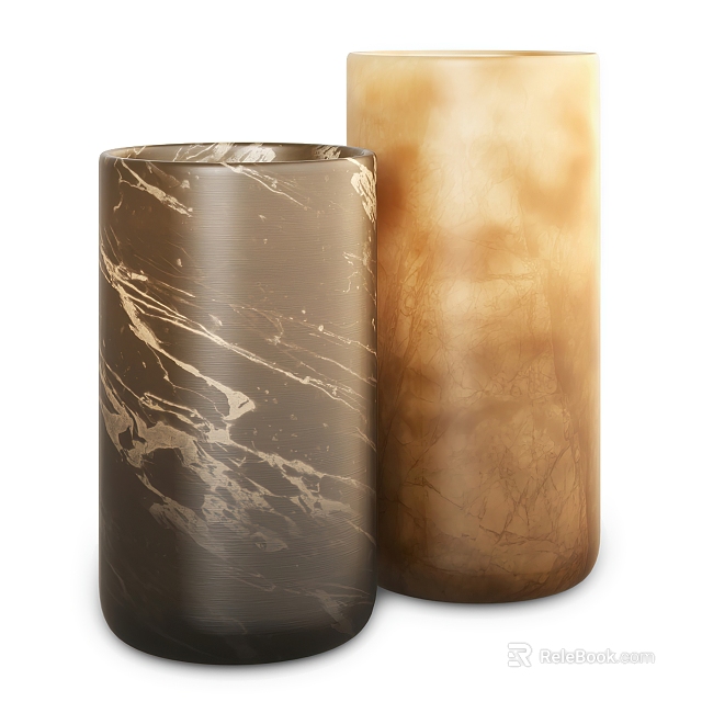 Modern Cylindrical Ceramic Vessels With Marble Texture In Dark Brown And Light Brown Shades 3d model 