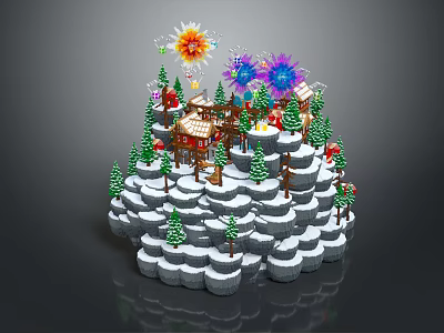 Cartoon Winter Scene With Snowy Hills Small Cabin Christmas Trees And Fireworks 3d model