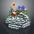Cartoon Winter Scene With Snowy Hills Small Cabin Christmas Trees And Fireworks