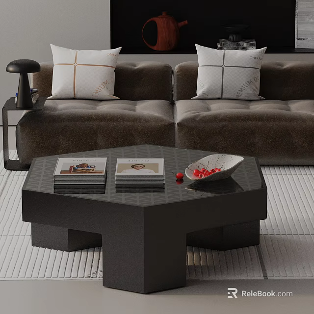 Modern Brown Sofa With Geometric Pillows And Octagonal Coffee Table With Books Red Berry Bowl 3d model 