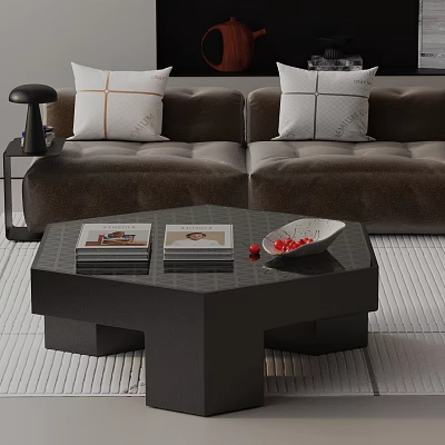 Modern Brown Sofa With Geometric Pillows And Octagonal Coffee Table With Books Red Berry Bowl 3d model