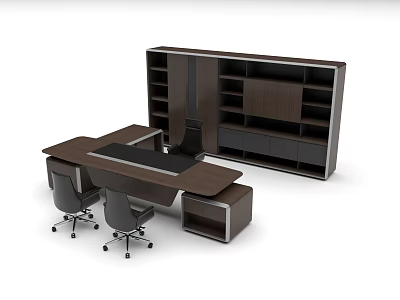 Modern Office Desk And Chair Set With Wooden Bookshelf Storage For Contemporary Workspace 3d model