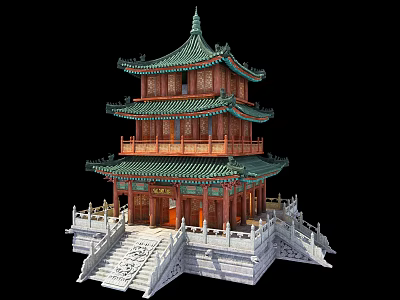 Traditional Chinese Three Story Pagoda With Green Roof Red Pillars And White Base 3d model