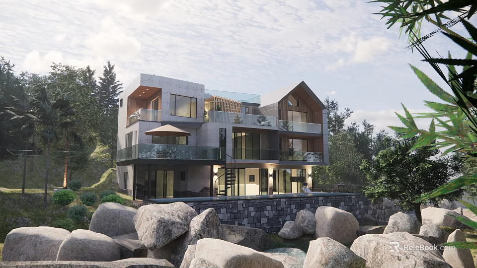 Modern Guesthouse Building With Multi story Design Glass Railings And Natural Trees Rocks Surroundings 3d model 