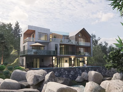 Modern Guesthouse Building With Multi story Design Glass Railings And Natural Trees Rocks Surroundings 3d model