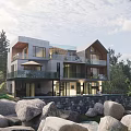 Modern Guesthouse Building With Multi story Design Glass Railings And Natural Trees Rocks Surroundings