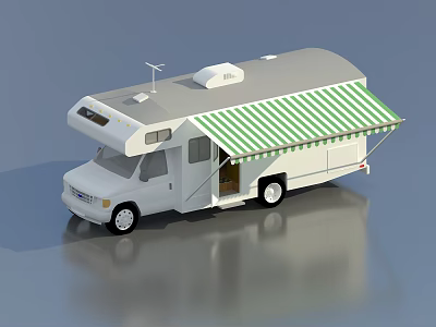 White RV With Green Striped Awning Roof Air Conditioner And Side Door 3d model