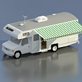 White RV With Green Striped Awning Roof Air Conditioner And Side Door