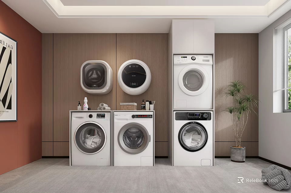 Modern Laundry Room Interior With Stacked Washer Dryer And Side By Side Machines 3d model 