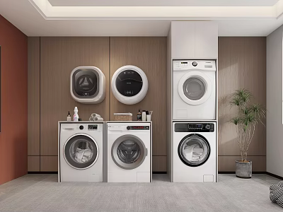 Modern Laundry Room Interior With Stacked Washer Dryer And Side By Side Machines 3d model