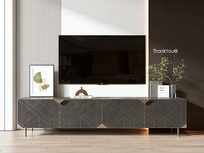 Modern TV Stand with Geometric Design TV Decorative Painting and Potted Plant 3d model