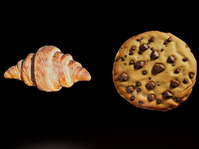 Delicious Freshly Baked Golden Croissant And Chewy Chocolate Chip Cookie Snacks 3d model