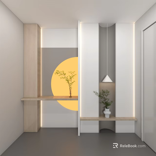Modern Shoe Cabinet Design With Wall Art Plant And LED Lighting 3d model 