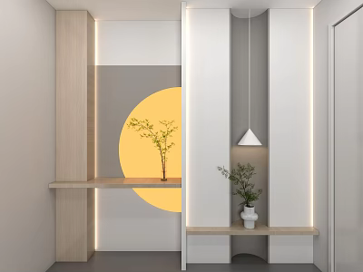 Modern Shoe Cabinet Design With Wall Art Plant And LED Lighting 3d model