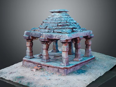 Ancient Stone Pavilion Structure With Carved Pillars And Layered Stone Roof Design 3d model