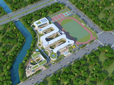 Modern School Campus Buildings with Sports Field Greenery and Surrounding River 3d model