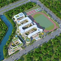 Modern School Campus Buildings with Sports Field Greenery and Surrounding River
