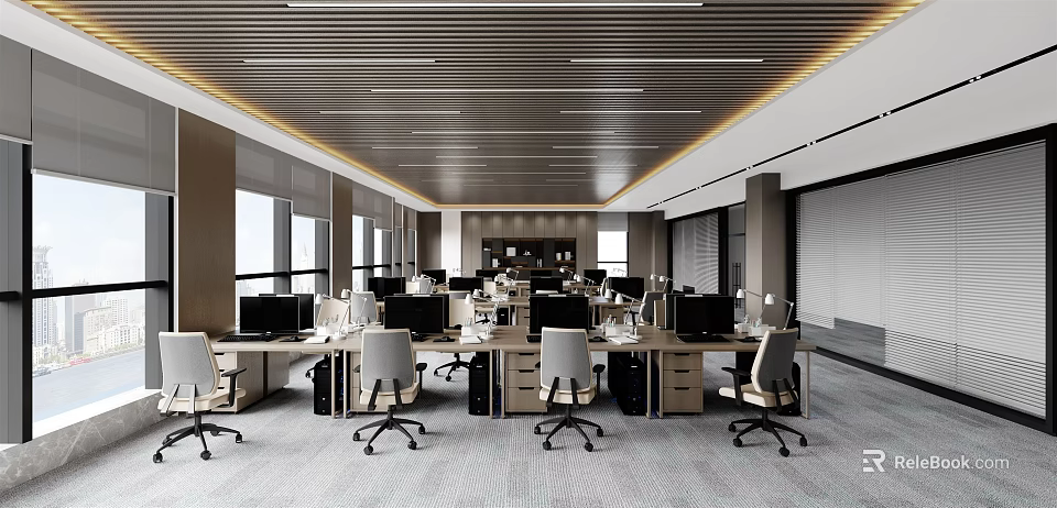 Modern Open Plan Public Office Area with Multi Workstation Computers Desks Chairs Windows Ceiling Lighting 3d model 