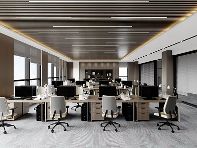 Modern Open Plan Public Office Area with Multi Workstation Computers Desks Chairs Windows Ceiling Lighting 3d model