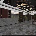 Elegant Modern Shop Front Desk With Marble Countertop Chandelier Green Plants And Sofa Seating