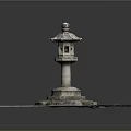 Japanese Stone Lantern Structure With Carved Pedestal And Surrounding Stones On Gray Ground