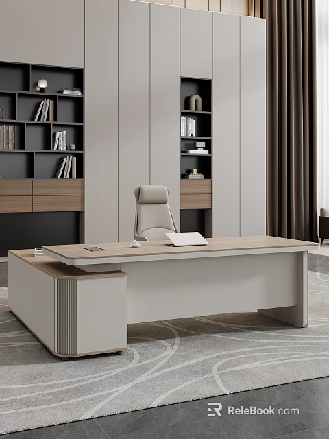 Modern Office Interior With Wooden Desk Ergonomic Chair And Bookshelves 3d model 