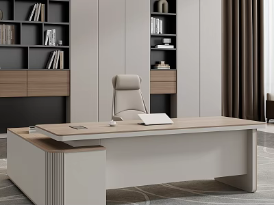 Modern Office Interior With Wooden Desk Ergonomic Chair And Bookshelves 3d model