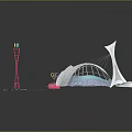 Architectural Ensemble With Modern Dome Structure Tall Pink Tower And Green Landscaped Area
